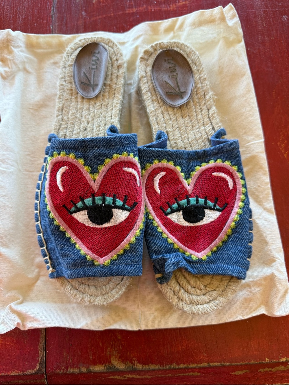 Espadrille Kiwi women Denim Slide Sandals with Red Heart Eye Embroidery